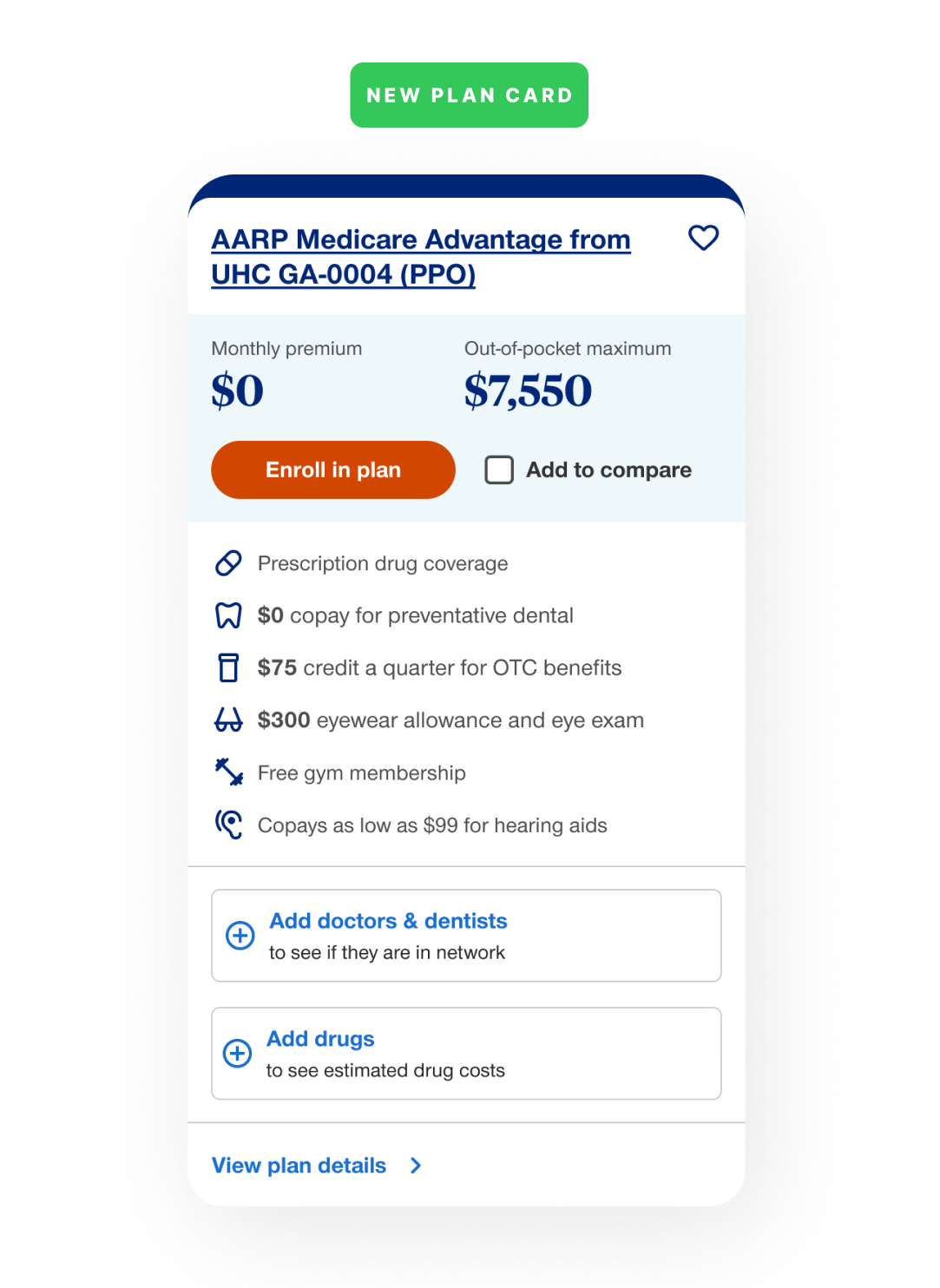 Redesigned Medicare Advantage plan card with clearer hierarchy