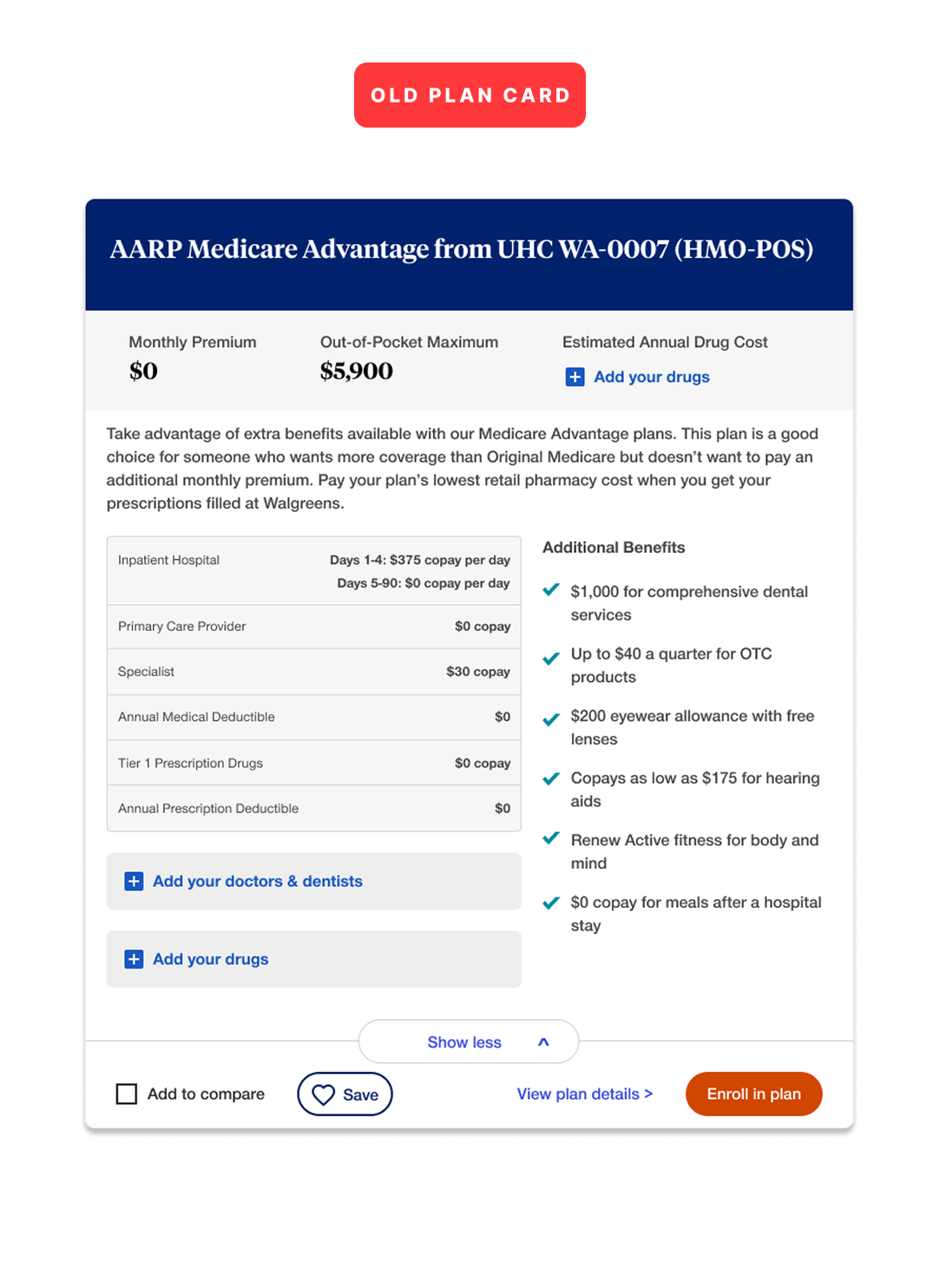 Old Medicare Advantage plan card before the redesign