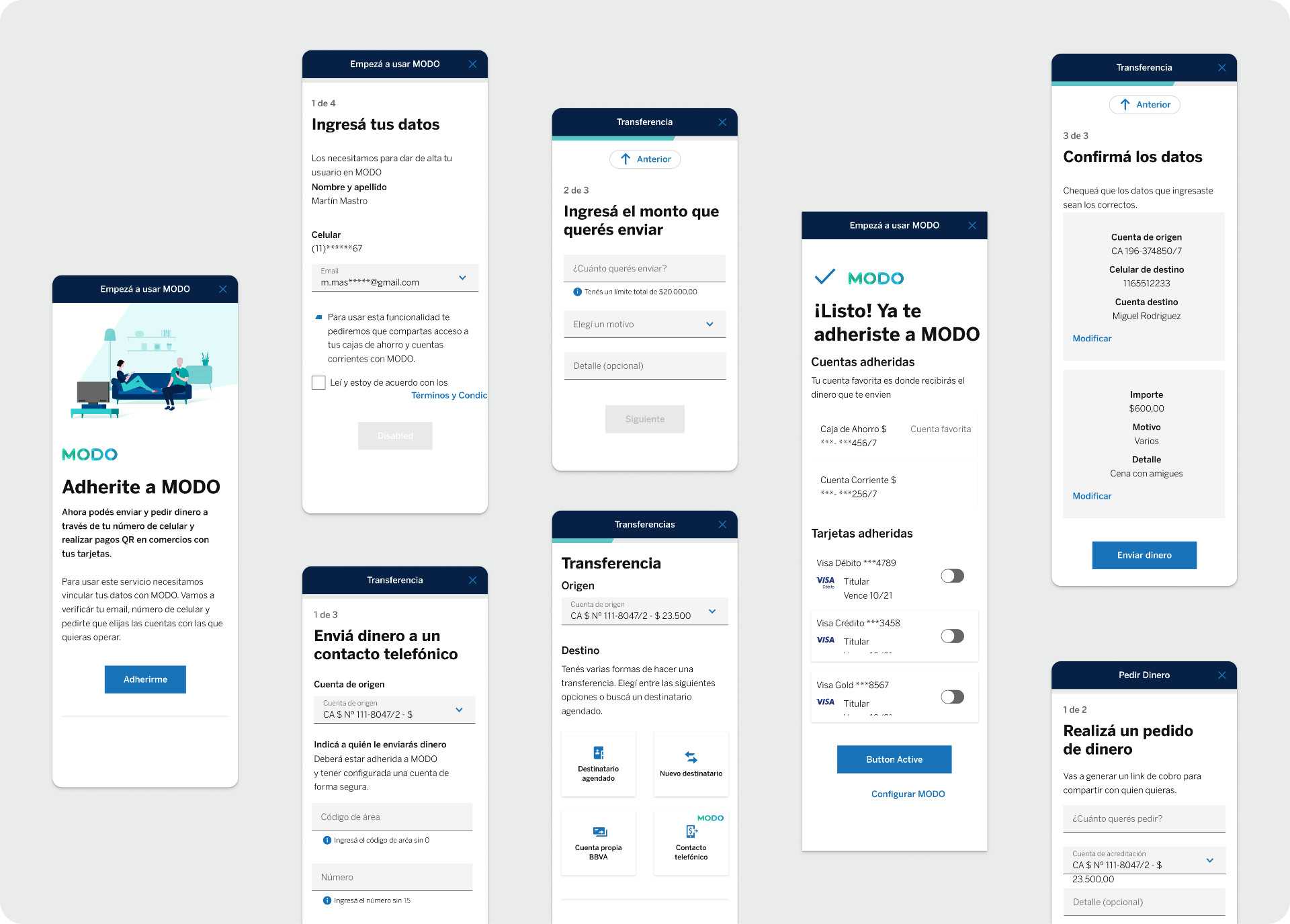 MODO mobile flow — onboarding, transfers, enrollment, sending and requesting money