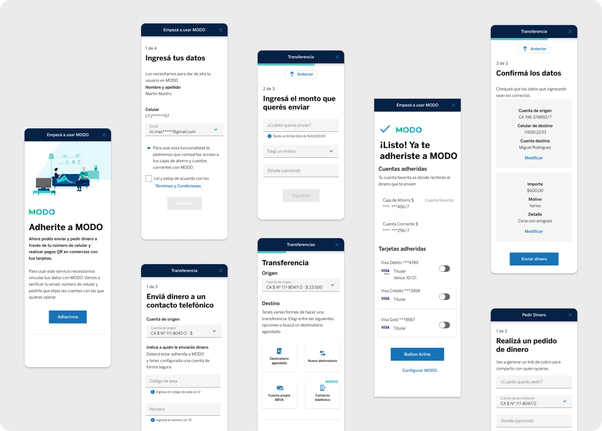 MODO mobile flow — onboarding, transfers, enrollment, sending and requesting money