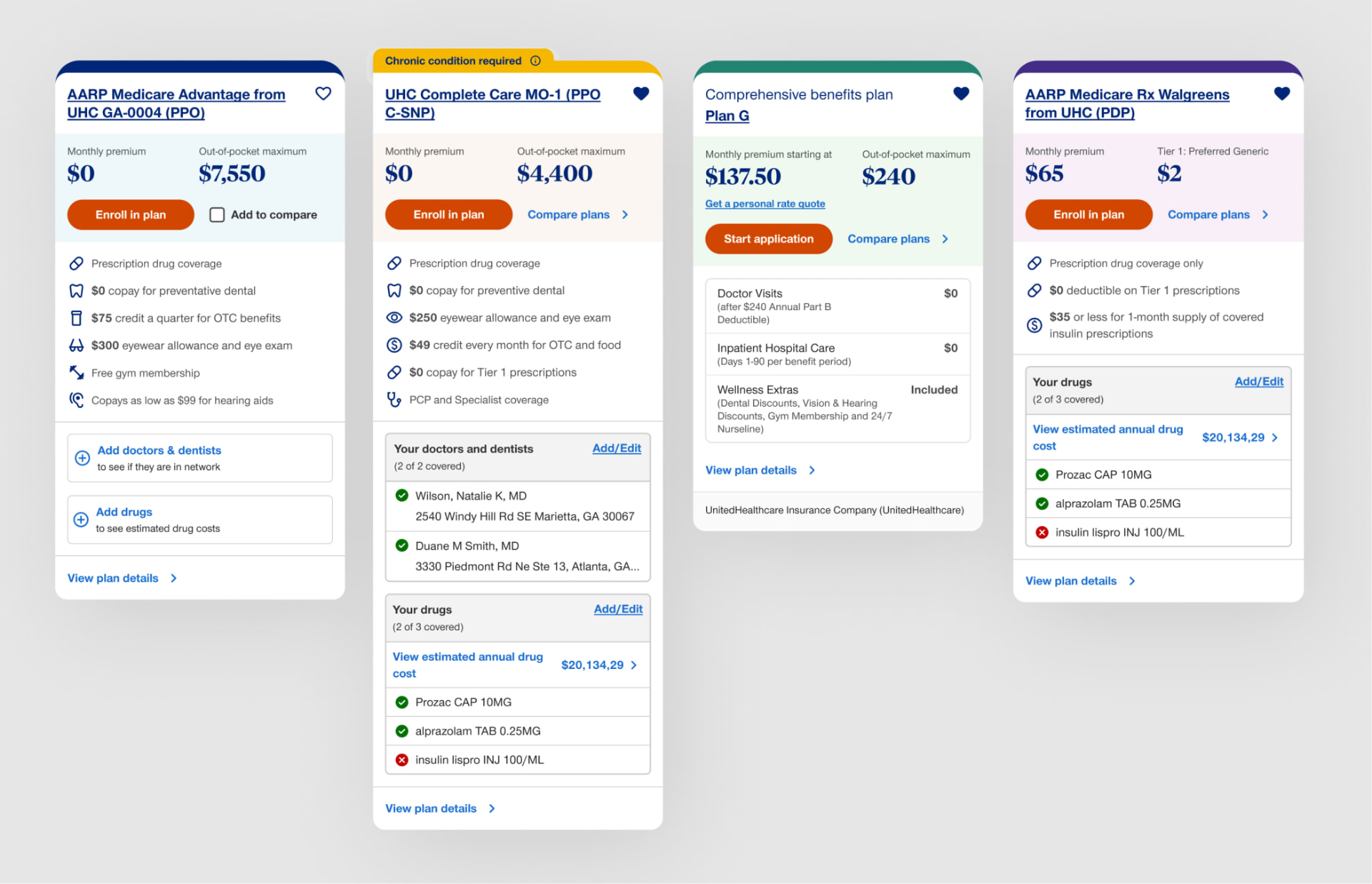 Redesigned plan card variants across four plan families with color coding